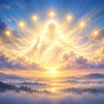 The Divine Mother as a figure of light in the dawn sky, surrounded by nine lights