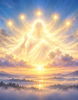 The Divine Mother as a figure of light in the dawn sky, surrounded by nine lights