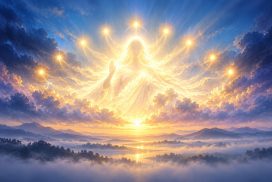 The Divine Mother as a figure of light in the dawn sky, surrounded by nine lights
