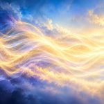 Ribbons of golden light flowing through blue and violet clouds into a calm glow