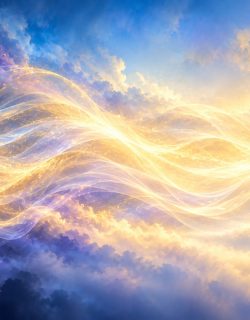 Ribbons of golden light flowing through blue and violet clouds into a calm glow