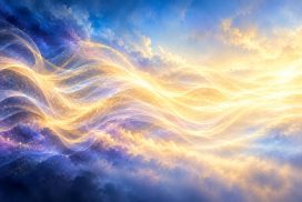 Ribbons of golden light flowing through blue and violet clouds into a calm glow